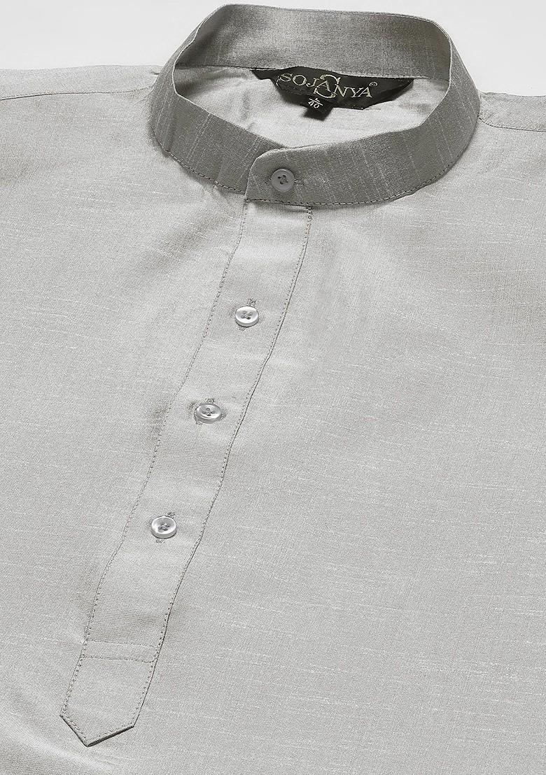 Grey Woven Poly Blend Kurta Set For Men