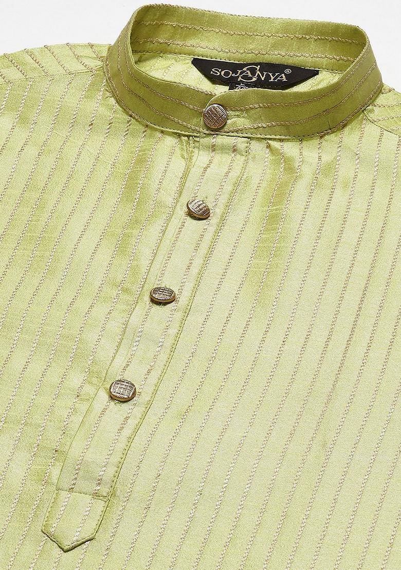 Green Woven Poly Blend Kurta Set For Men