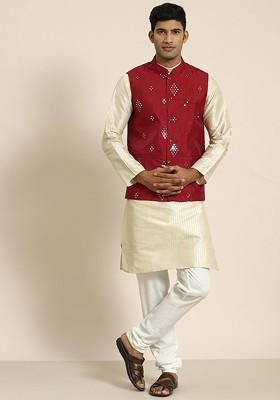 Cream Woven Poly Blend Kurta Set For Men