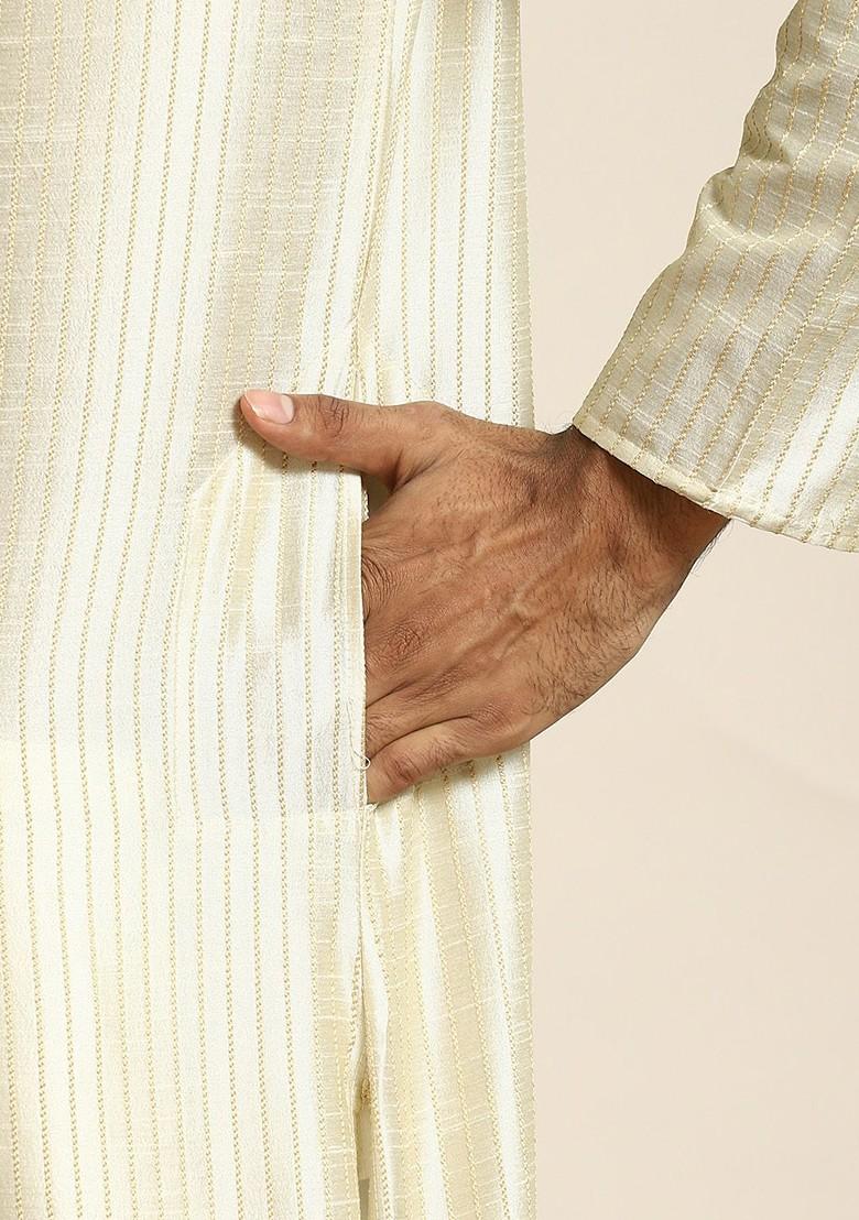 Cream Woven Poly Blend Kurta Set For Men