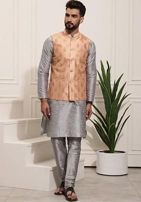 Grey Woven Poly Blend Kurta Set For Men