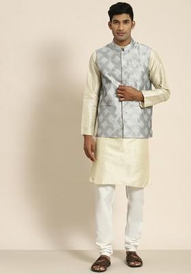 Cream Woven Poly Blend Kurta Set For Men