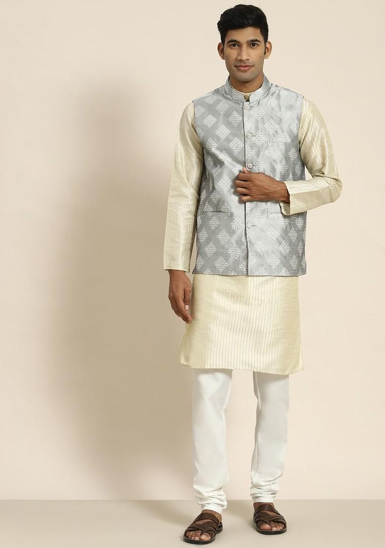 Cream Woven Poly Blend Kurta Set For Men