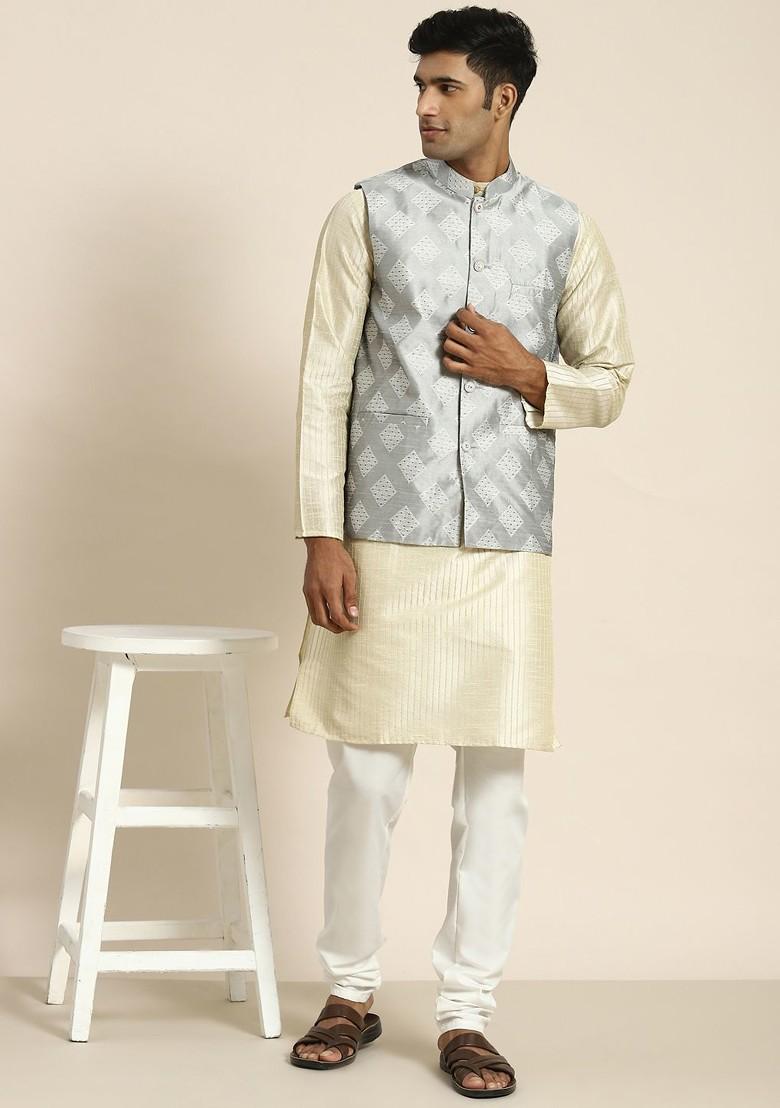 Cream Woven Poly Blend Kurta Set For Men