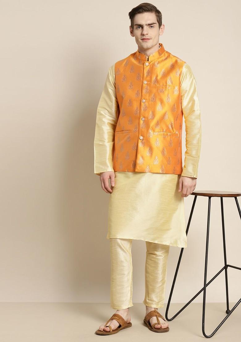 Gold Woven Poly Blend Kurta Set For Men