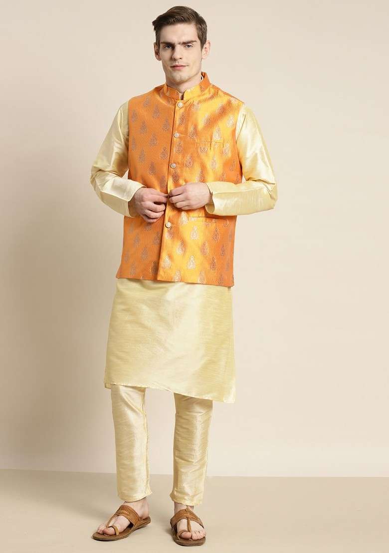 Gold Woven Poly Blend Kurta Set For Men - Indya