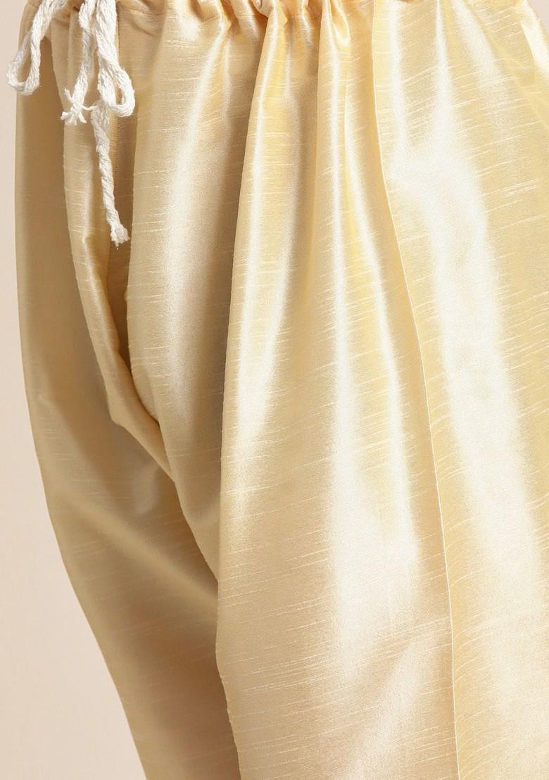 Gold Woven Poly Blend Kurta Set For Men