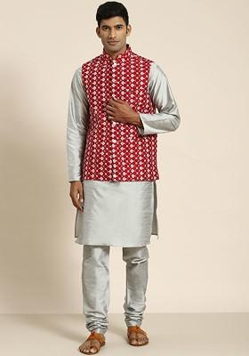 Grey Woven Poly Blend Kurta Set For Men
