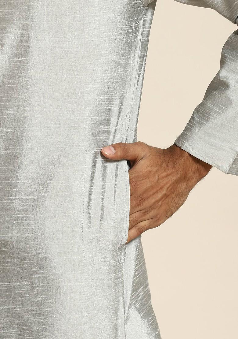 Grey Woven Poly Blend Kurta Set For Men