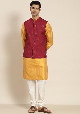 Mustard Woven Poly Blend Kurta Set For Men