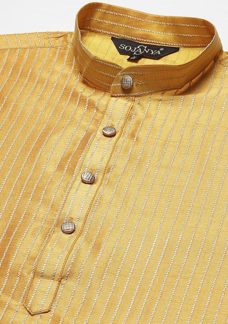 Mustard Woven Poly Blend Kurta Set For Men