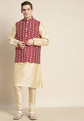 Gold Embroidered Poly Blend Kurta Set For Men