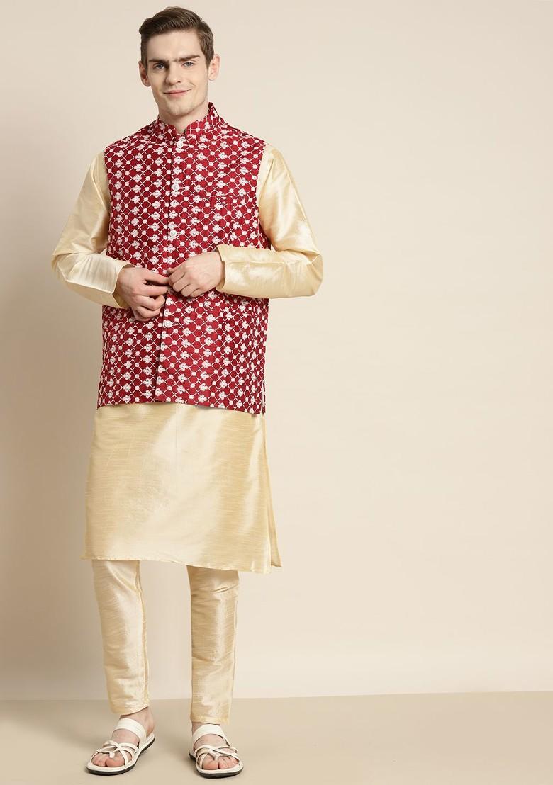 Gold Embroidered Poly Blend Kurta Set For Men
