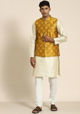 Cream Woven Poly Blend Kurta Set For Men