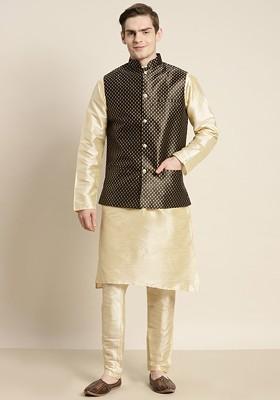 Gold Ethnic Motifs Poly Blend Kurta Set For Men