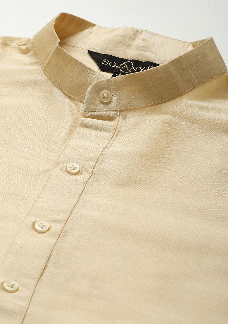 Gold Ethnic Motifs Poly Blend Kurta Set For Men