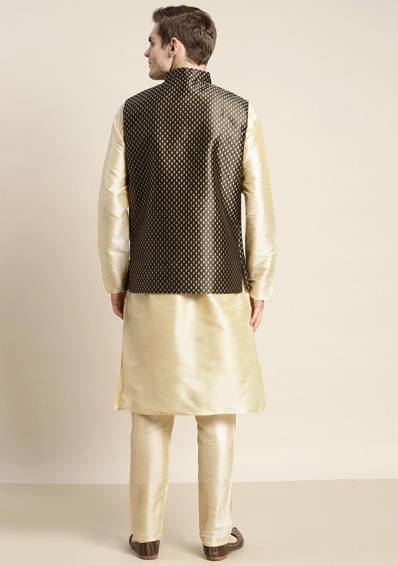 Gold Ethnic Motifs Poly Blend Kurta Set For Men