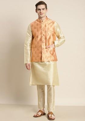 Gold Ethnic Motifs Poly Blend Kurta Set For Men