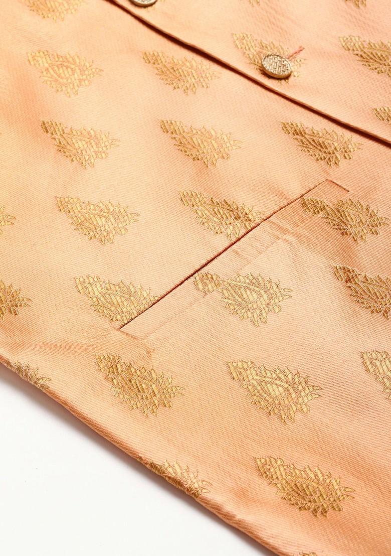 Gold Ethnic Motifs Poly Blend Kurta Set For Men