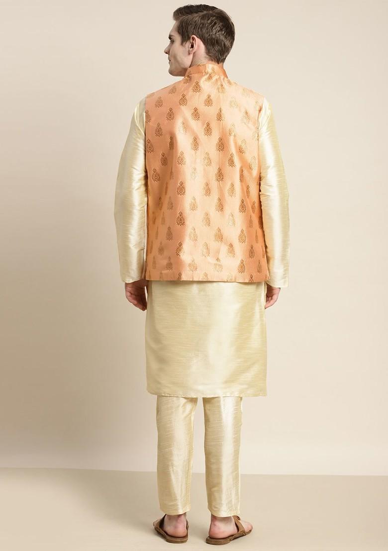 Gold Ethnic Motifs Poly Blend Kurta Set For Men