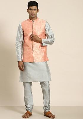 Grey Woven Poly Blend Kurta Set For Men