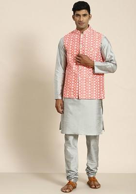 Grey Woven Poly Blend Kurta Set For Men