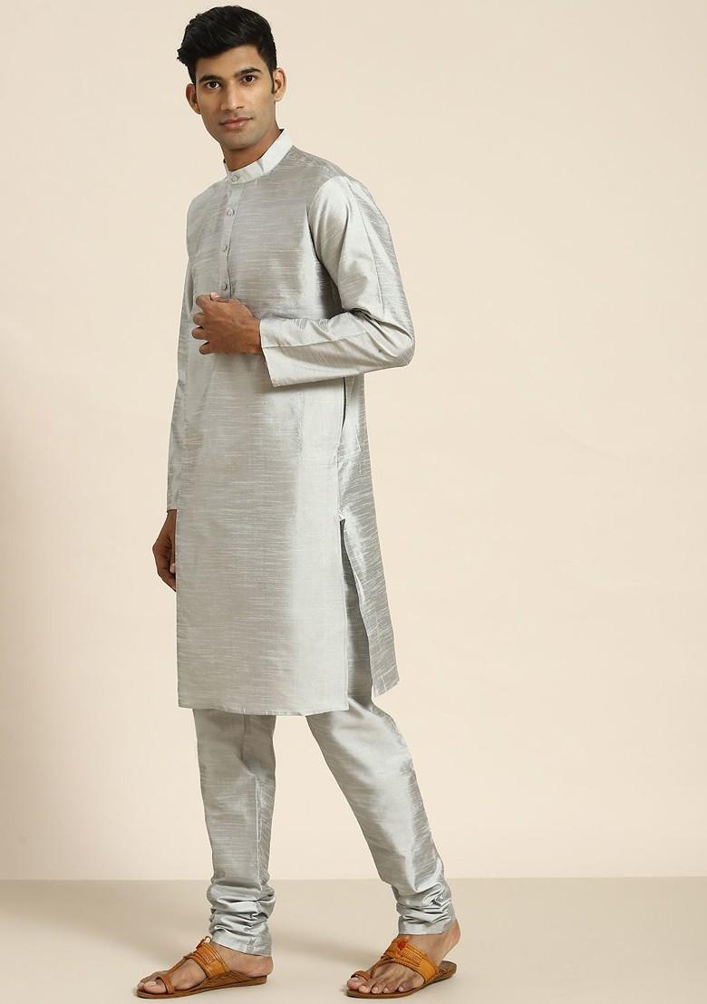 Grey Woven Poly Blend Kurta Set For Men