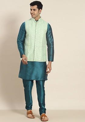 Teal Blue Woven Poly Blend Kurta Set For Men