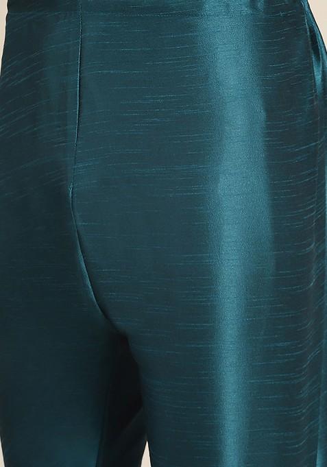 Teal Blue Woven Poly Blend Kurta Set For Men