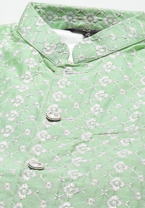 Teal Blue Woven Poly Blend Kurta Set For Men