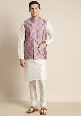 Off White Ethnic Motifs Poly Blend Kurta Set For Men