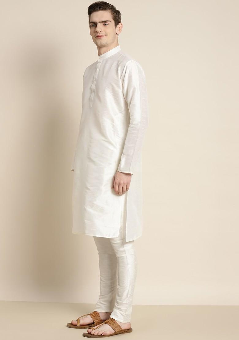 Off White Ethnic Motifs Poly Blend Kurta Set For Men