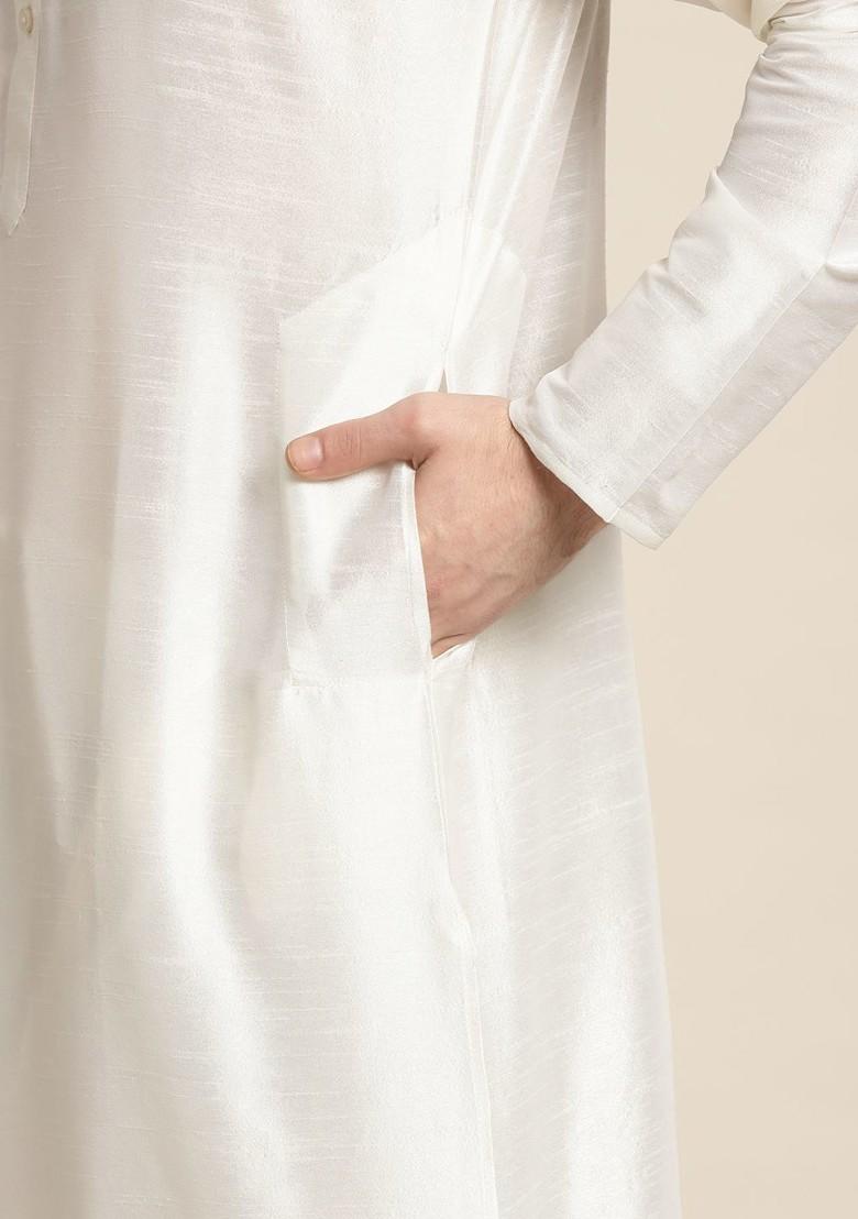 Off White Ethnic Motifs Poly Blend Kurta Set For Men