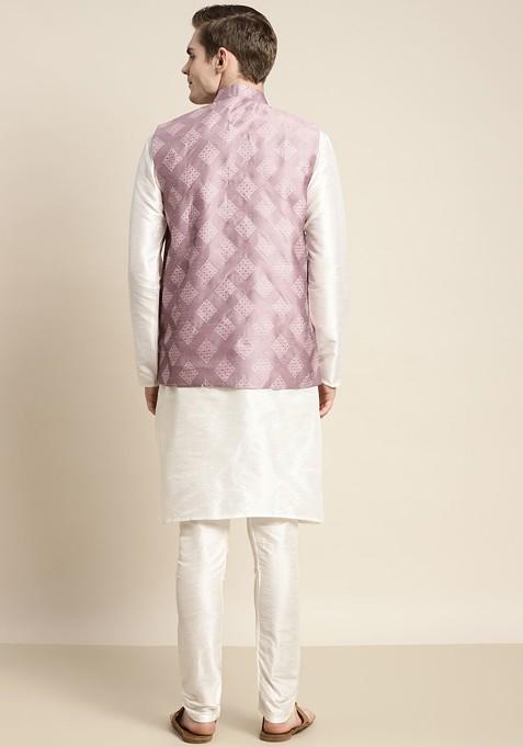 Off White Ethnic Motifs Poly Blend Kurta Set For Men