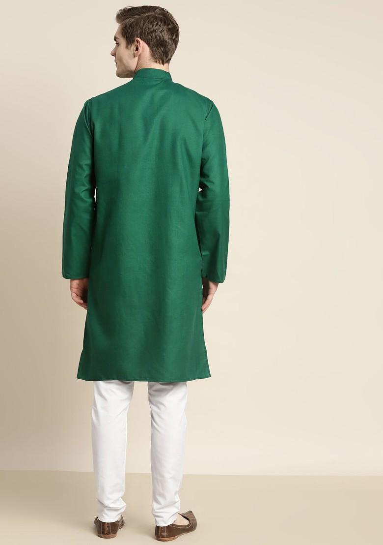 Green Solid Poly Blend Kurta Set For Men