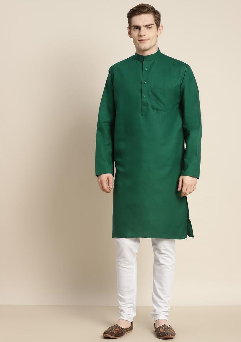 Green Solid Poly Blend Kurta Set For Men