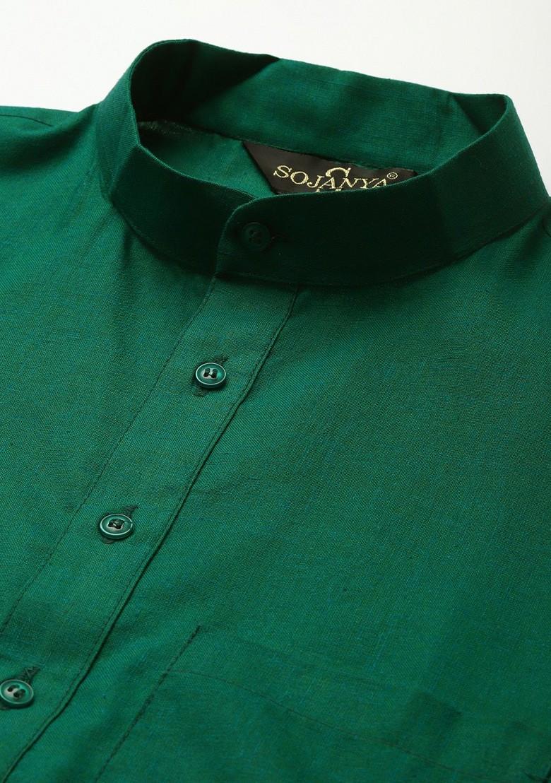 Green Solid Poly Blend Kurta Set For Men