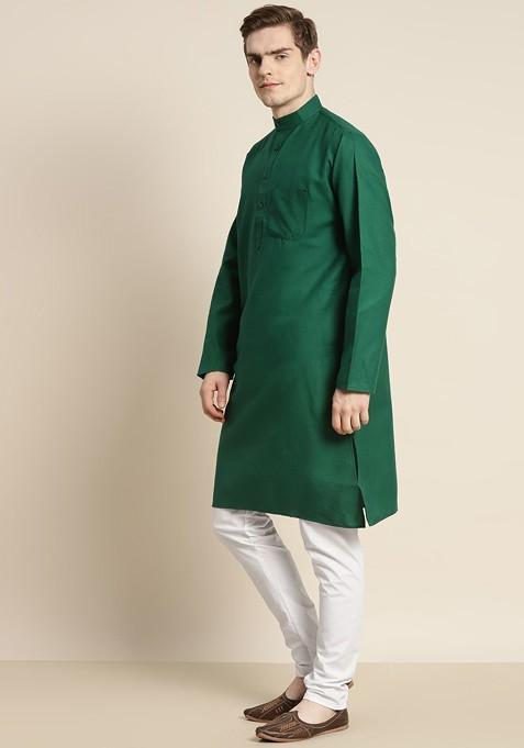 Green Solid Poly Blend Kurta Set For Men