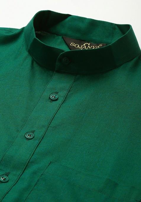 Green Solid Poly Blend Kurta Set For Men