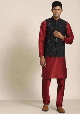 Maroon Mirror Work Poly Blend Kurta Set For Men