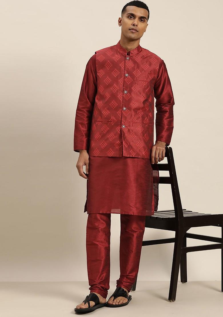 Maroon Solid Poly Blend Kurta Set For Men