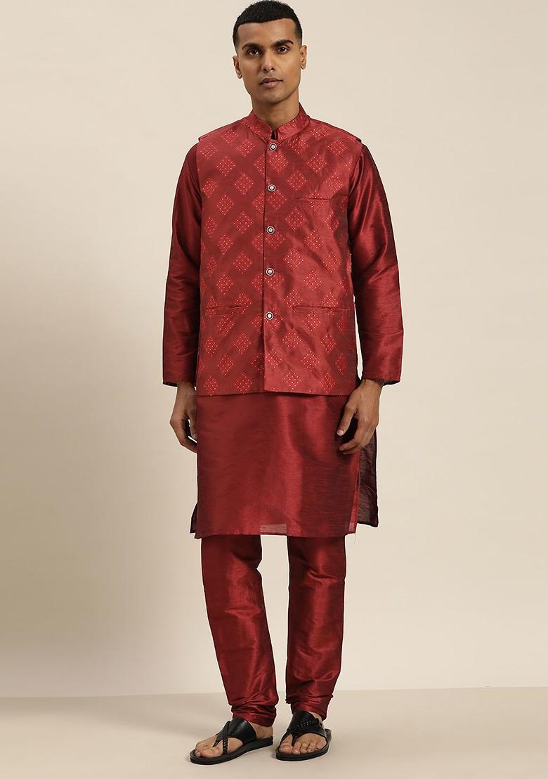Maroon Solid Poly Blend Kurta Set For Men
