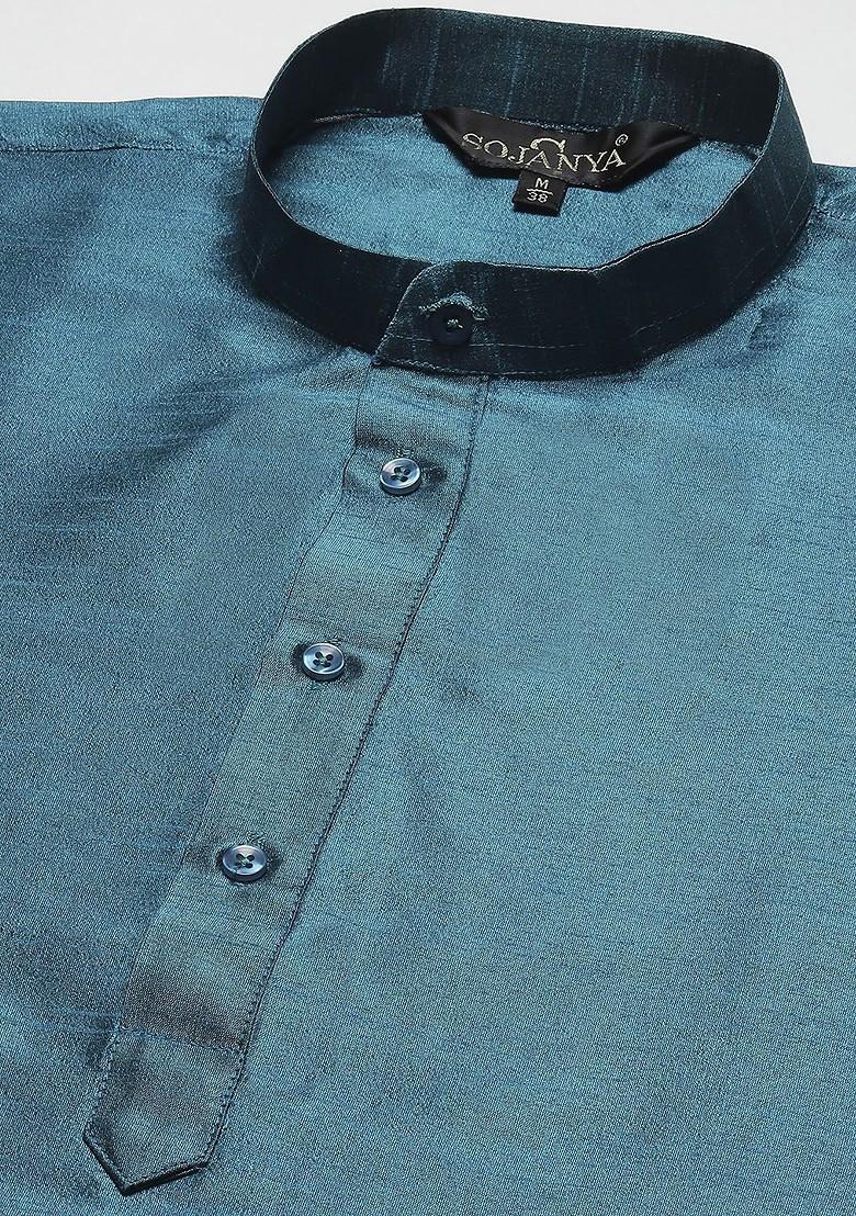 Teal Blue Solid Poly Blend Kurta Set For Men