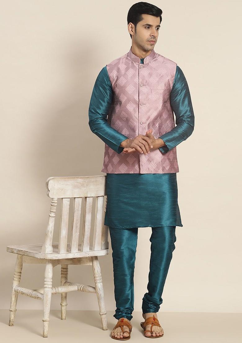 Teal Blue Solid Poly Blend Kurta Set For Men
