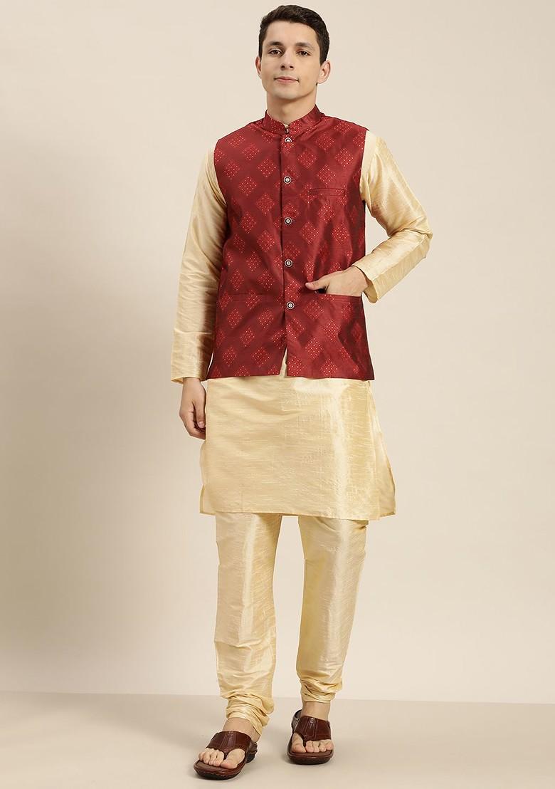 Gold Solid Poly Blend Kurta Set For Men