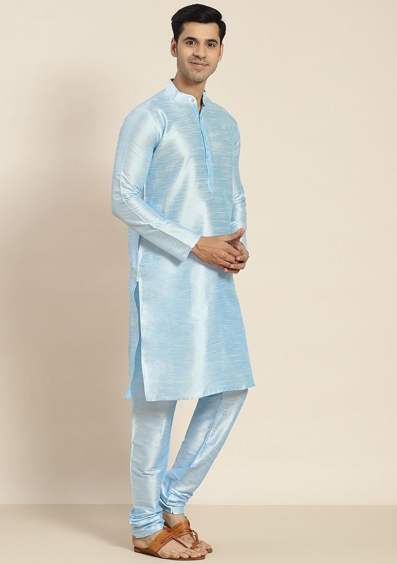 Blue Solid Poly Blend Kurta Set For Men
