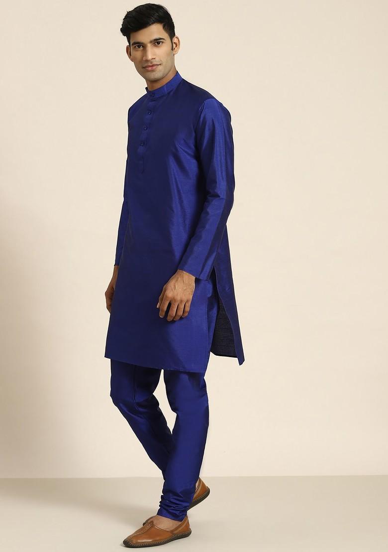 Blue Embroidered Poly Blend Kurta Set For Men