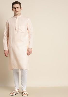 Peach Solid Poly Blend Kurta Set For Men