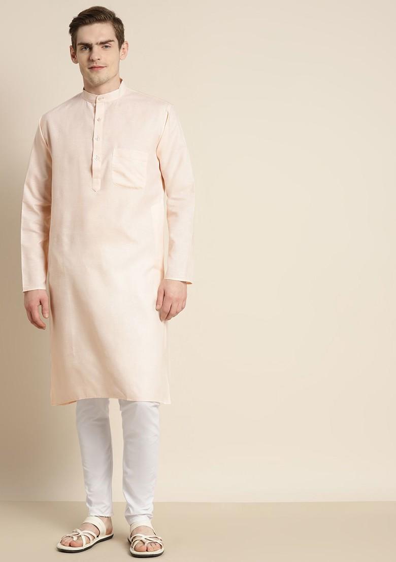 Peach Solid Poly Blend Kurta Set For Men