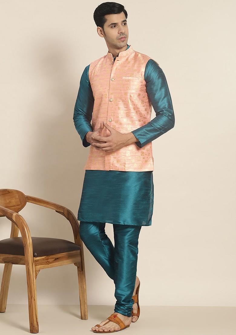 Teal Blue Solid Poly Blend Kurta Set For Men
